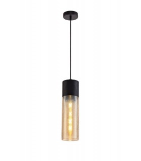 Single Tube Ceiling Pendant 1 Light E27, Black, Amber Glass - 1