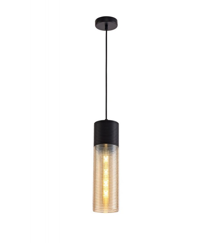 Single Tube Ceiling Pendant 1 Light E27, Black, Amber Glass - 1