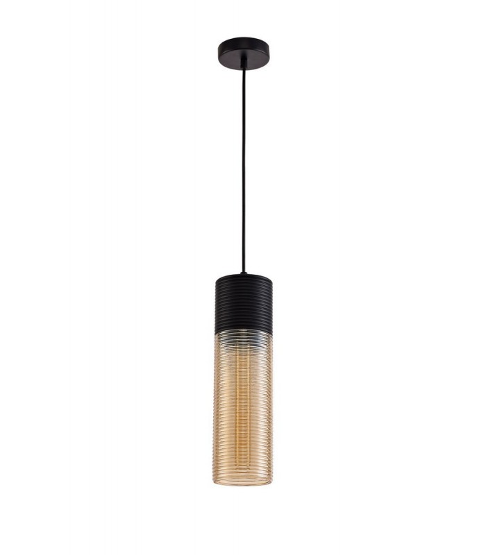 Single Tube Ceiling Pendant 1 Light E27, Black, Amber Glass - 4