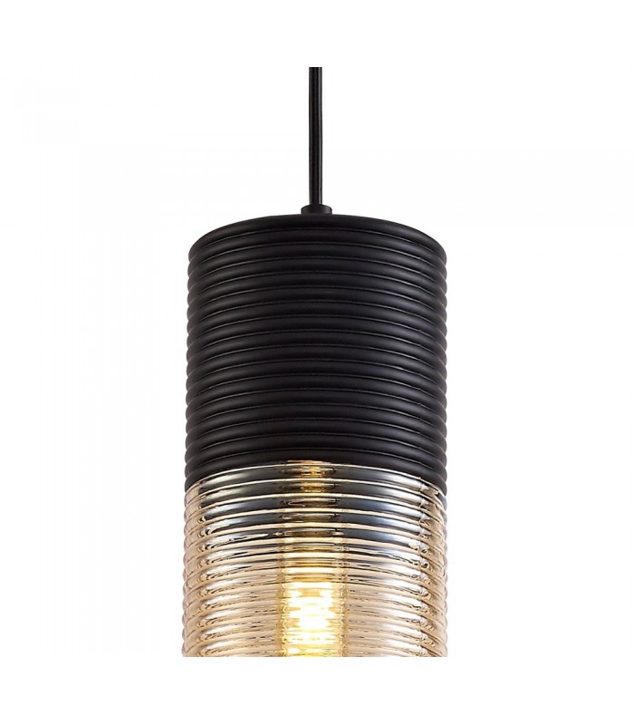 Single Tube Ceiling Pendant 1 Light E27, Black, Amber Glass - 7