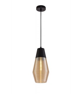 Single Cone Ceiling Pendant 1 Light E27, Black, Amber Glass - 1