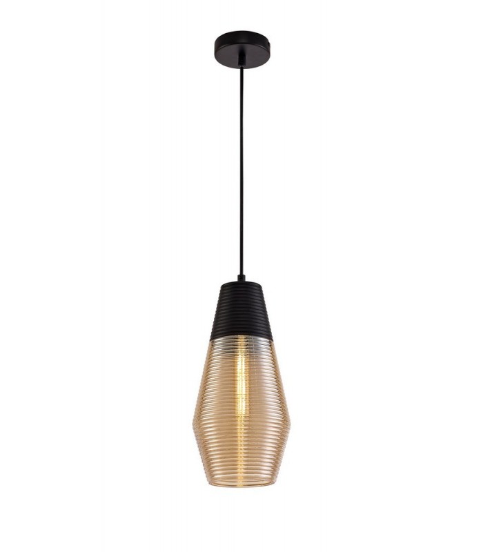Single Cone Ceiling Pendant 1 Light E27, Black, Amber Glass - 1