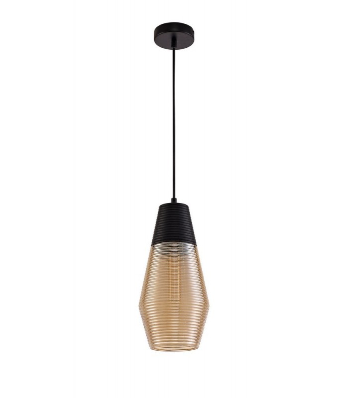 Single Cone Ceiling Pendant 1 Light E27, Black, Amber Glass - 4