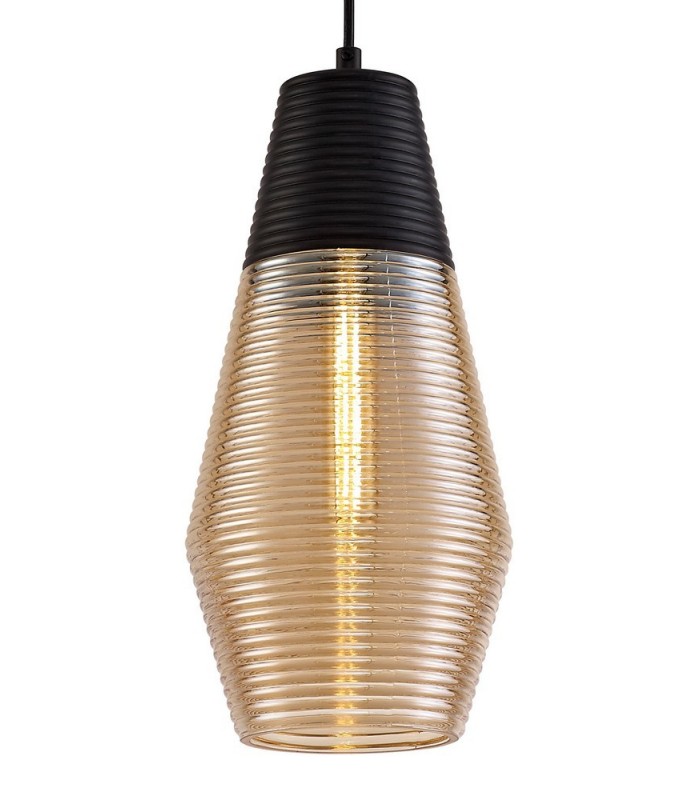Single Cone Ceiling Pendant 1 Light E27, Black, Amber Glass - 6
