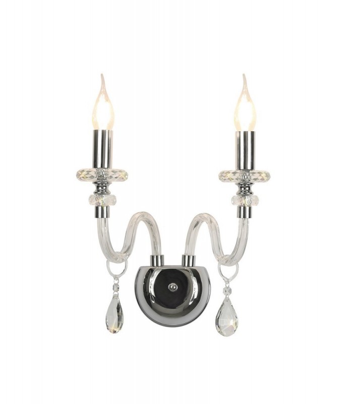 Wall Lamp, 2 Candle Light E14, Polished Chrome, Clear Glass, Crystal - 1
