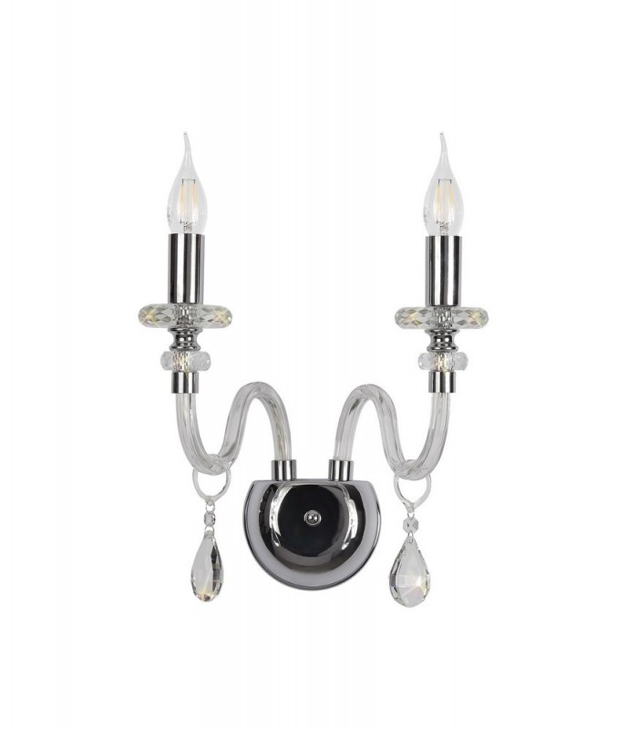 Wall Lamp, 2 Candle Light E14, Polished Chrome, Clear Glass, Crystal - 3