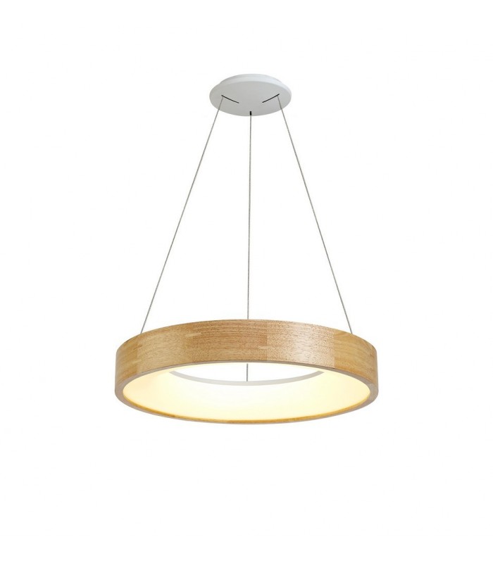 Dimmable Ceiling Pendant 47cm Round 1 x 30W LED 3000K, 1595lm, Medium Oak, Matt White - 1