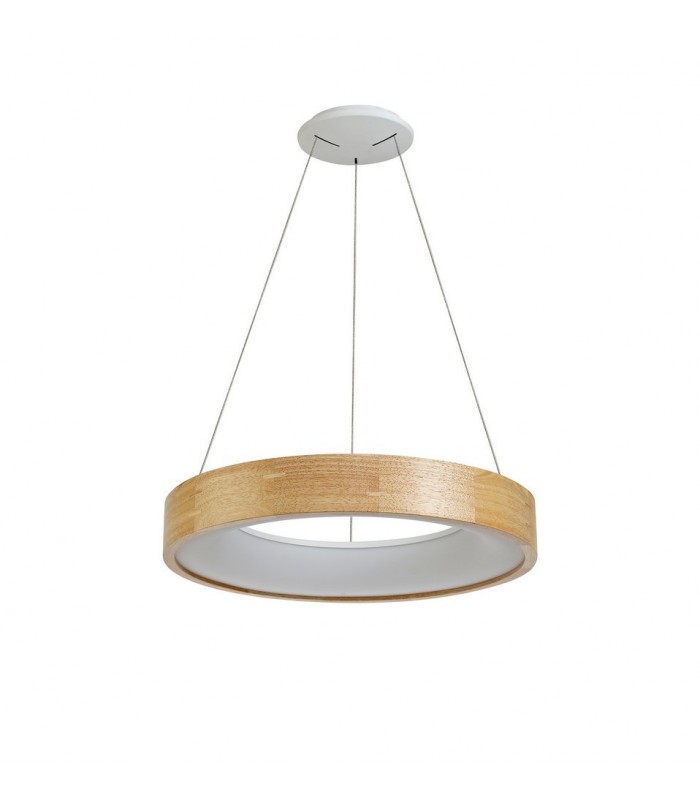 Dimmable Ceiling Pendant 47cm Round 1 x 30W LED 3000K, 1595lm, Medium Oak, Matt White - 3