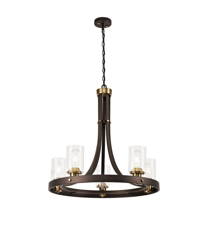 Ceiling Pendant 5 Light E27, Brown Oxide, Bronze With Clear Glass Shades - 1