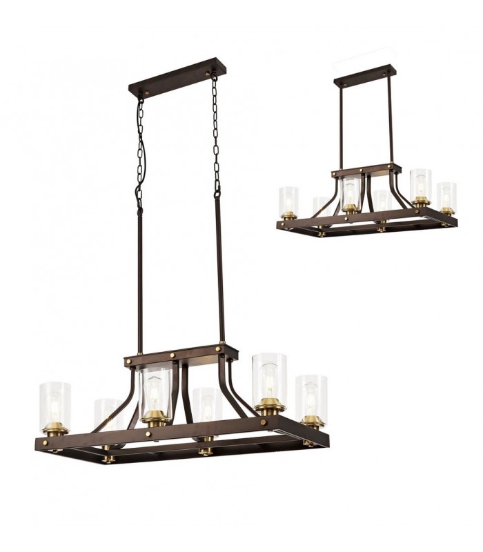 Linear Ceiling Pendant 6 Light E27, Brown Oxide, Bronze With Clear Glass Shades - 1