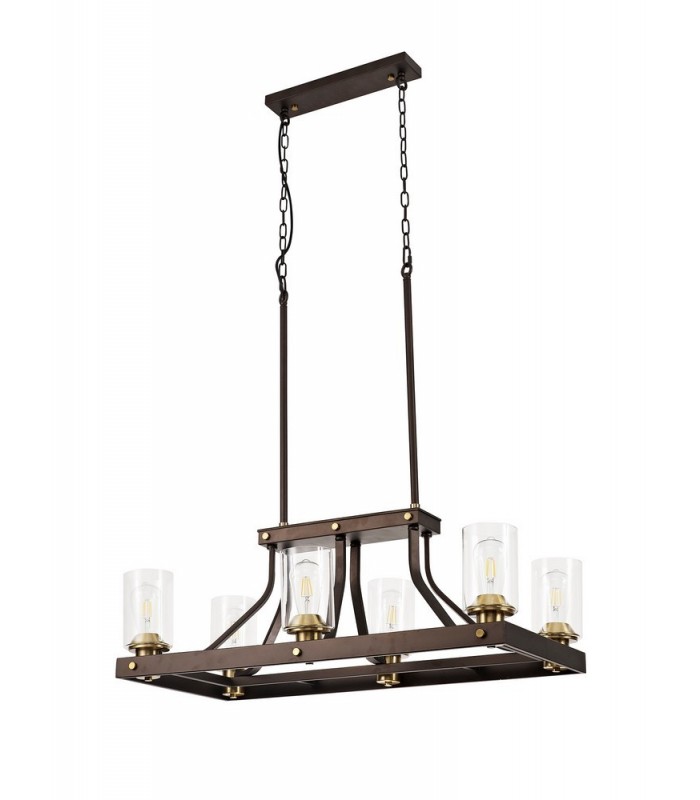 Linear Ceiling Pendant 6 Light E27, Brown Oxide, Bronze With Clear Glass Shades - 4