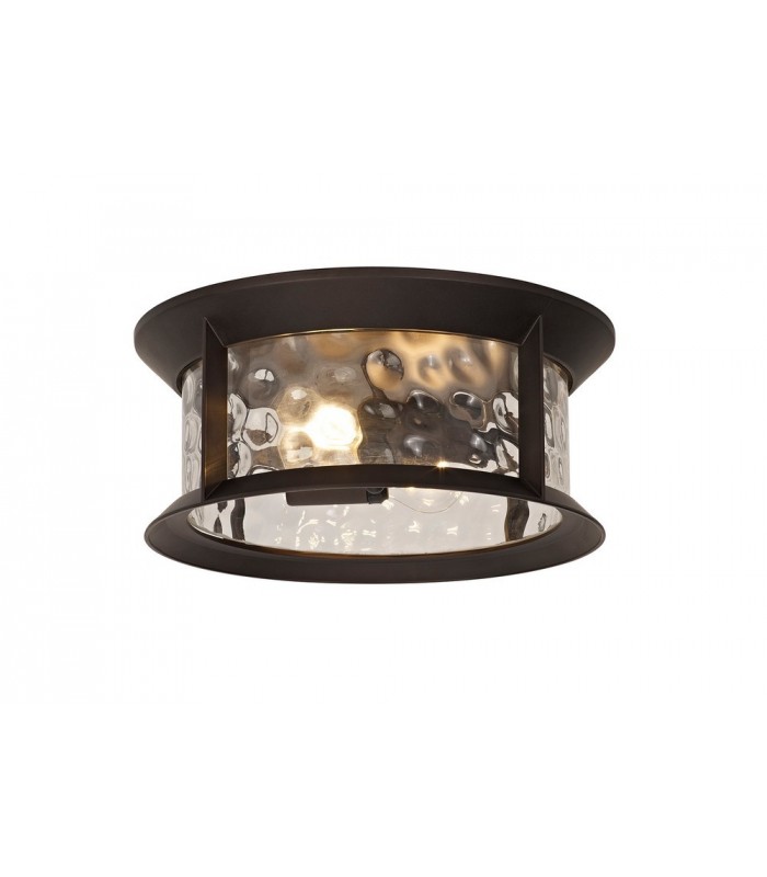 Flush Ceiling Lamp, 2 xE27, Antique Bronze, Clear Ripple Glass, IP54 - 1