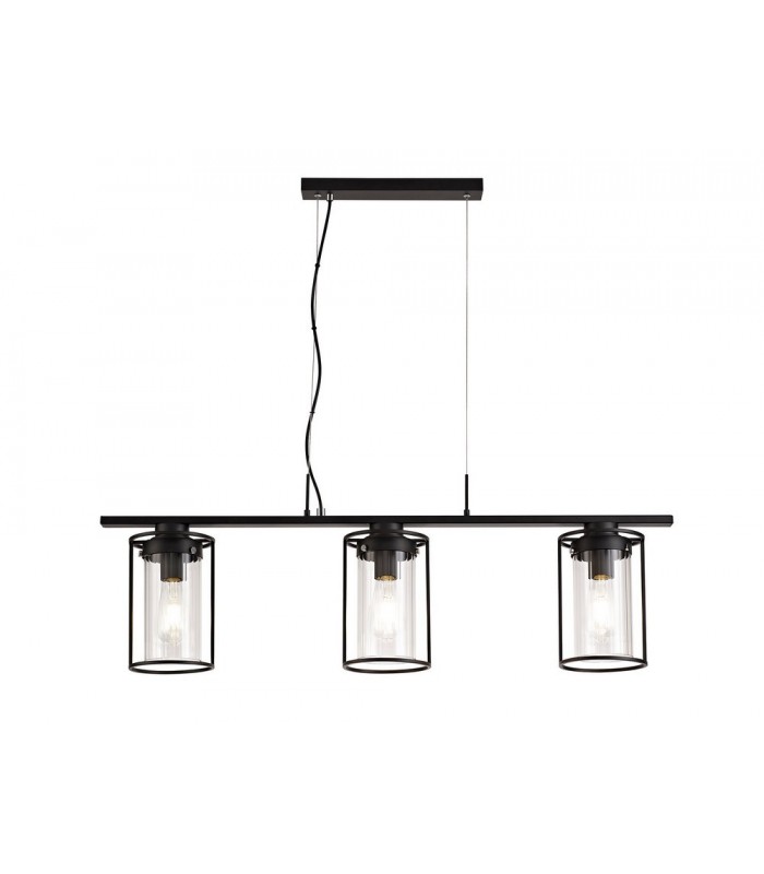 Linear Ceiling Pendant, 3 Light E27, Black, Clear Glass - 1