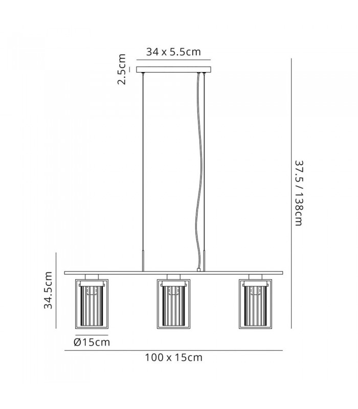 Linear Ceiling Pendant, 3 Light E27, Black, Clear Glass - 2