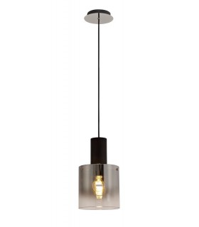 Single Ceiling Pendant, Adjustable E27, Black, Smoke Fade Glass - 1