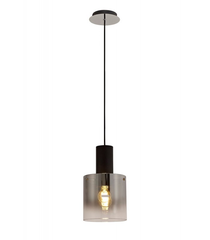 Single Ceiling Pendant, Adjustable E27, Black, Smoke Fade Glass - 1