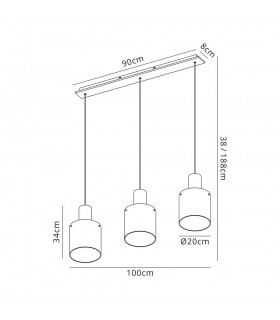 Linear Ceiling Pendant, 3 Light Adjustable E27, Black, Smoke Fade Glass - 2