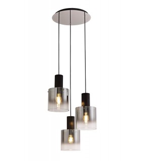 Round Ceiling Cluster Pendant, 3 Light Adjustable E27, Black, Smoke Fade Glass - 1