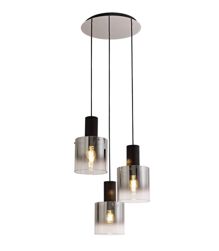 Round Ceiling Cluster Pendant, 3 Light Adjustable E27, Black, Smoke Fade Glass - 1