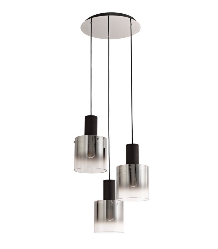 Round Ceiling Cluster Pendant, 3 Light Adjustable E27, Black, Smoke Fade Glass - 4