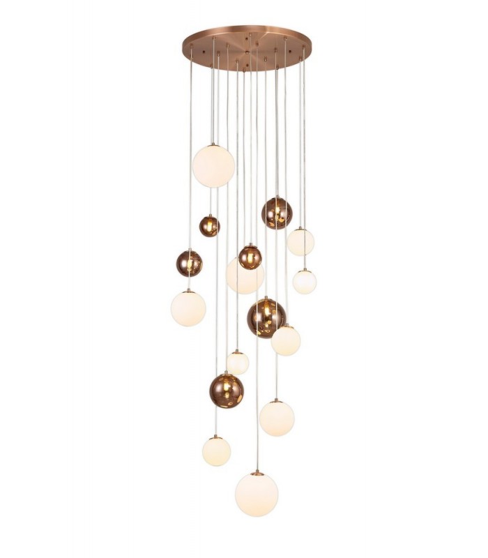 Ceiling Cluster Pendant, 16 x G9, Antique Copper, Opal & Copper Glass - 1