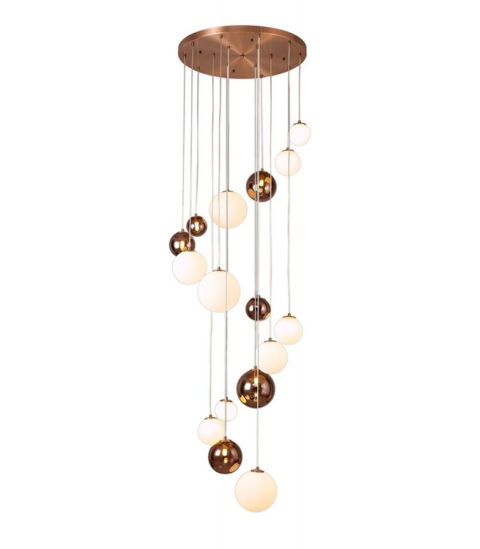 Ceiling Cluster Pendant, 16 x G9, Antique Copper, Opal & Copper Glass - 4