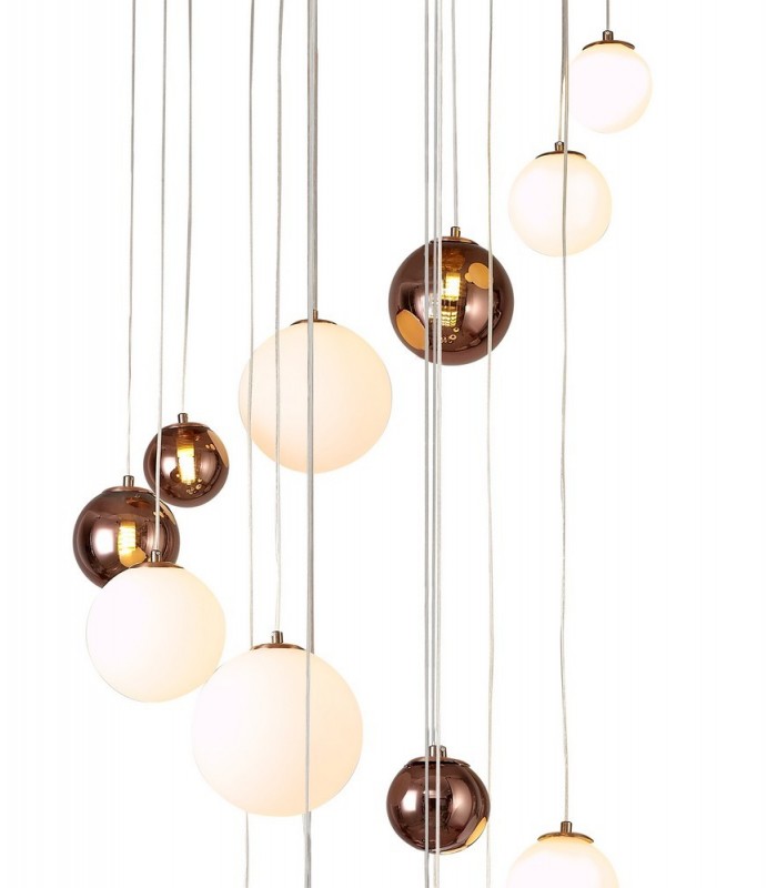 Ceiling Cluster Pendant, 16 x G9, Antique Copper, Opal & Copper Glass - 9