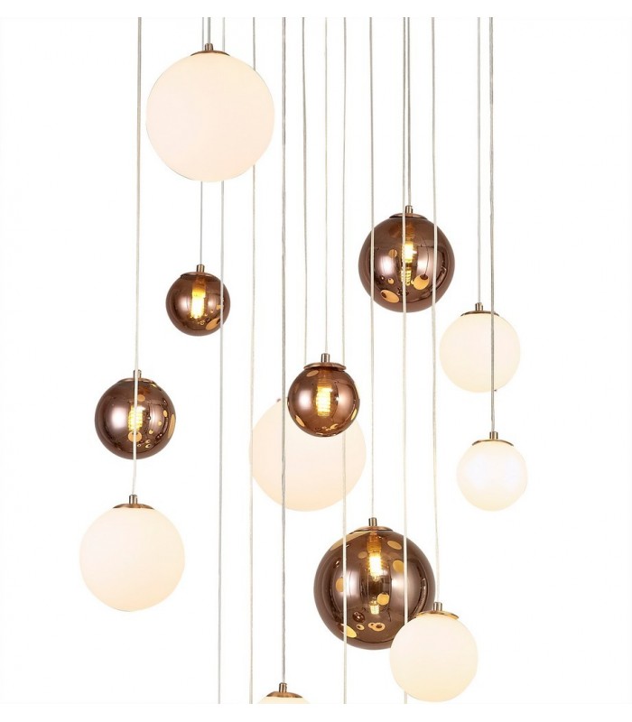 Ceiling Cluster Pendant, 16 x G9, Antique Copper, Opal & Copper Glass - 10