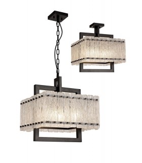 Large Square Ceiling Pendant, 5 Light E27, Matt Black, Crystal Sand Glass - 1