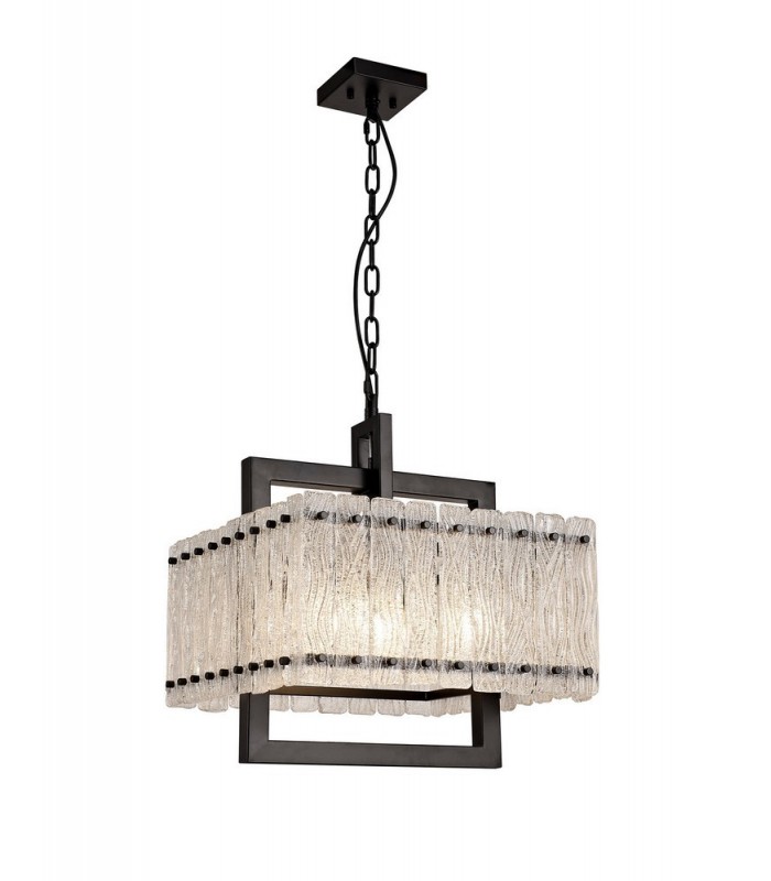 Large Square Ceiling Pendant, 5 Light E27, Matt Black, Crystal Sand Glass - 3