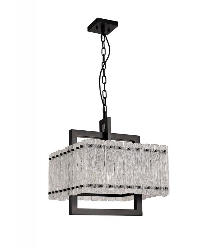 Large Square Ceiling Pendant, 5 Light E27, Matt Black, Crystal Sand Glass - 4