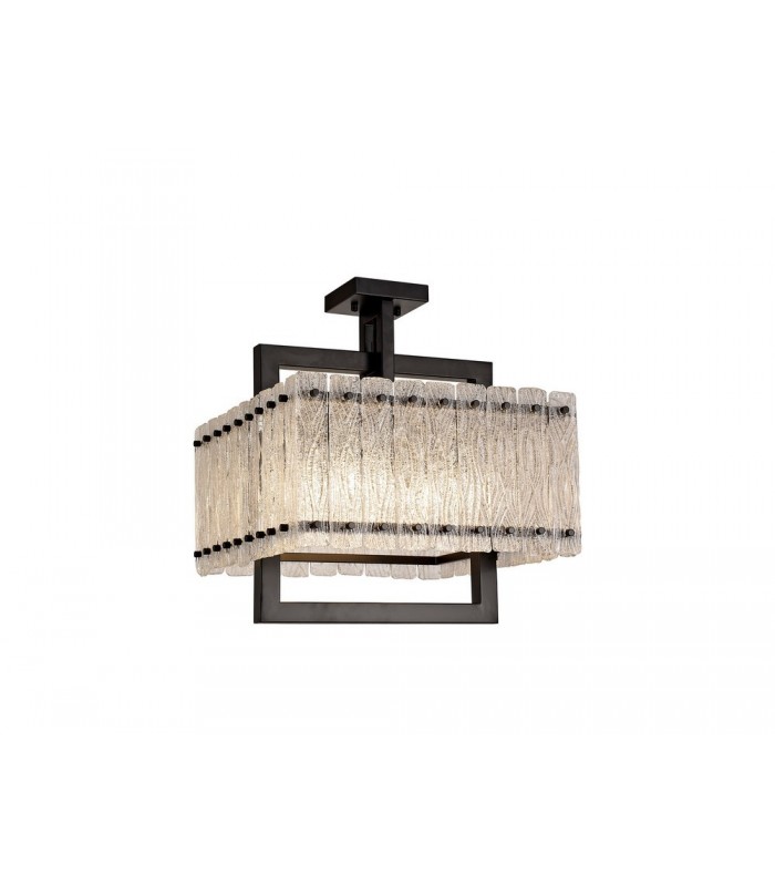 Large Square Ceiling Pendant, 5 Light E27, Matt Black, Crystal Sand Glass - 5