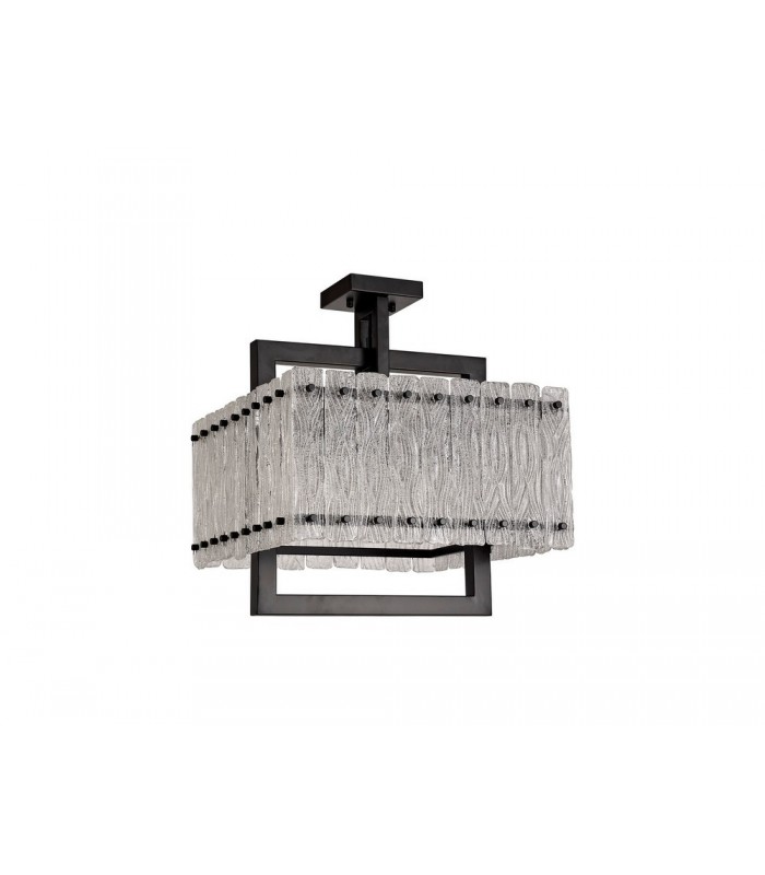 Large Square Ceiling Pendant, 5 Light E27, Matt Black, Crystal Sand Glass - 6