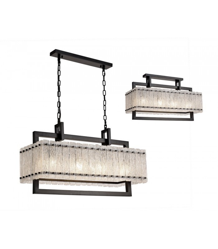Medium Rectangular Ceiling Pendant, 8 Light E27, Matt Black, Crystal Sand Glass - 1