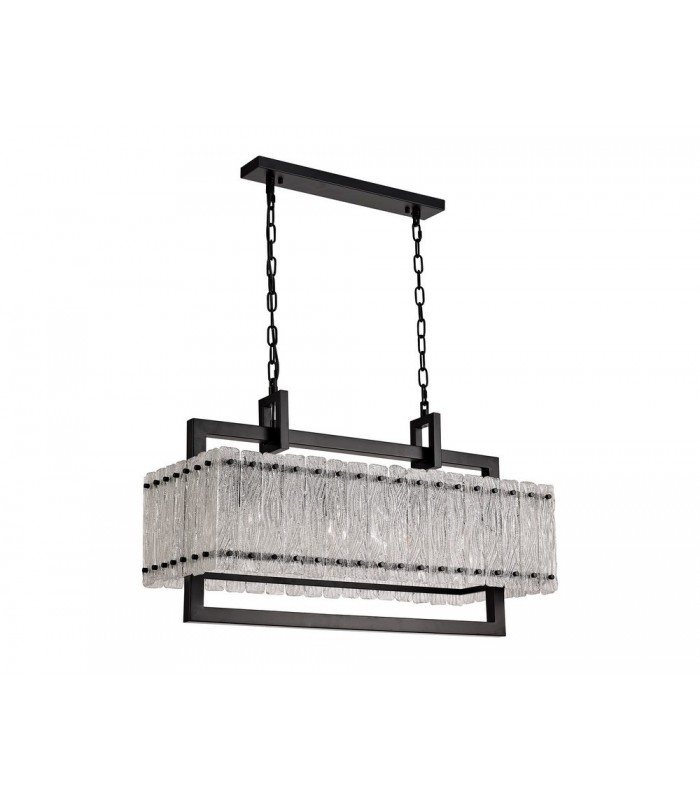Medium Rectangular Ceiling Pendant, 8 Light E27, Matt Black, Crystal Sand Glass - 4