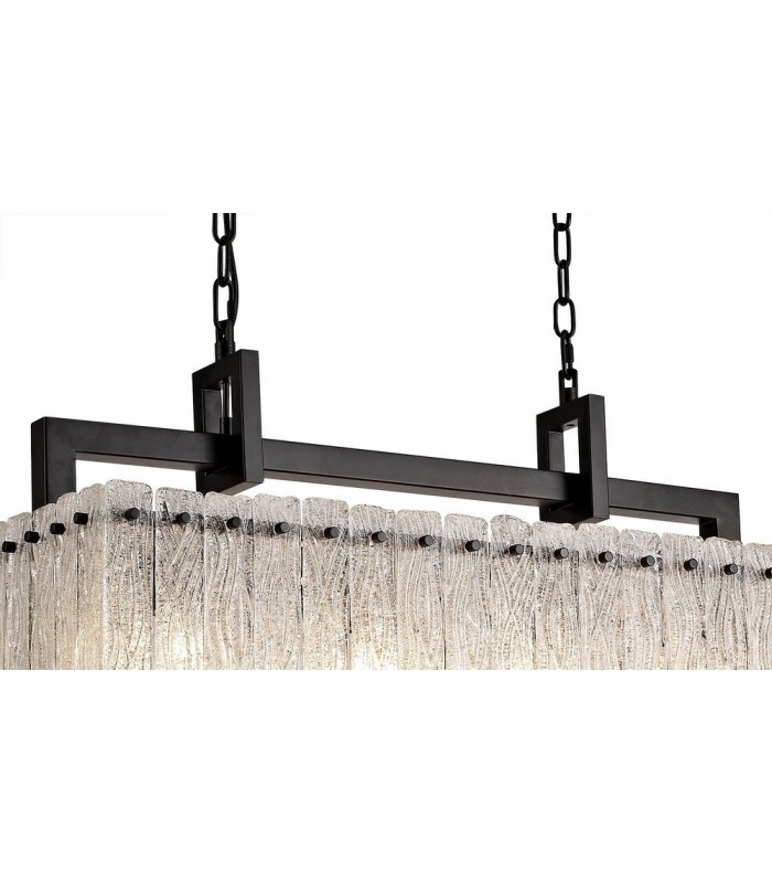 Medium Rectangular Ceiling Pendant, 8 Light E27, Matt Black, Crystal Sand Glass - 8