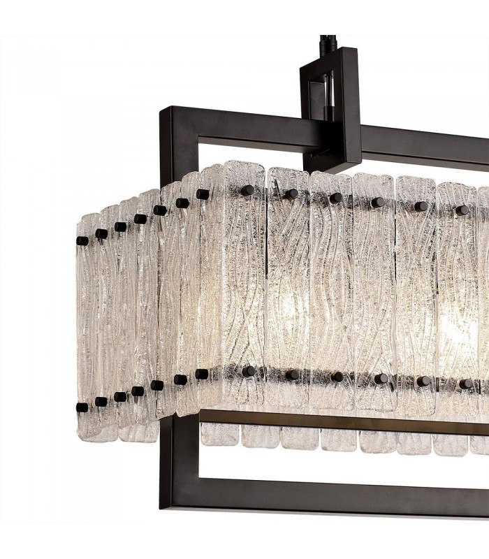 Medium Rectangular Ceiling Pendant, 8 Light E27, Matt Black, Crystal Sand Glass - 9