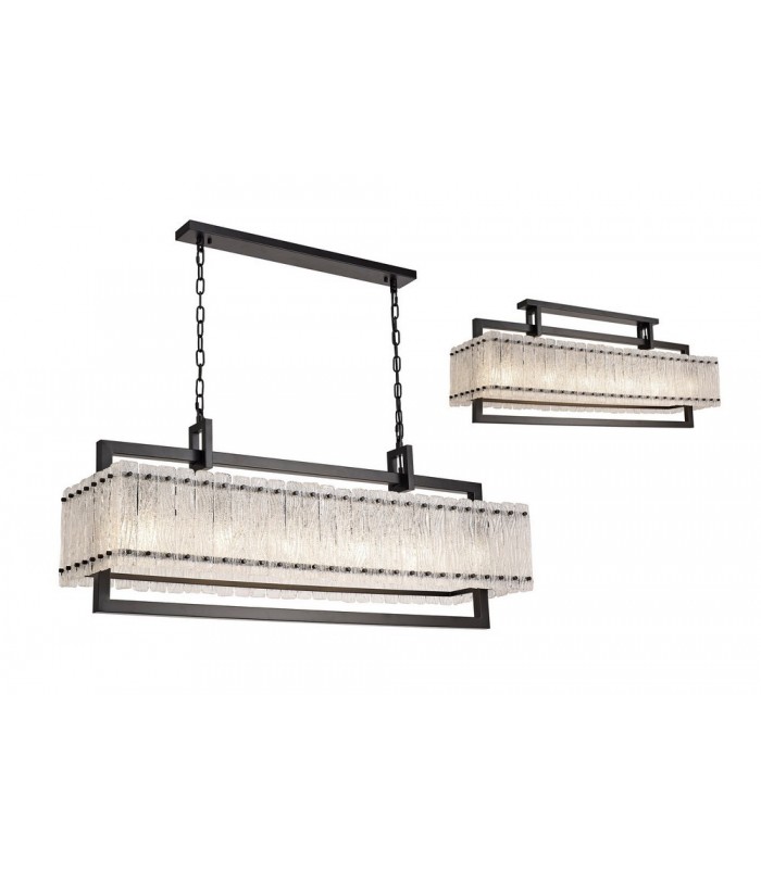 Large Rectangular Ceiling Pendant, 12 Light E27, Matt Black, Crystal Sand Glass - 1