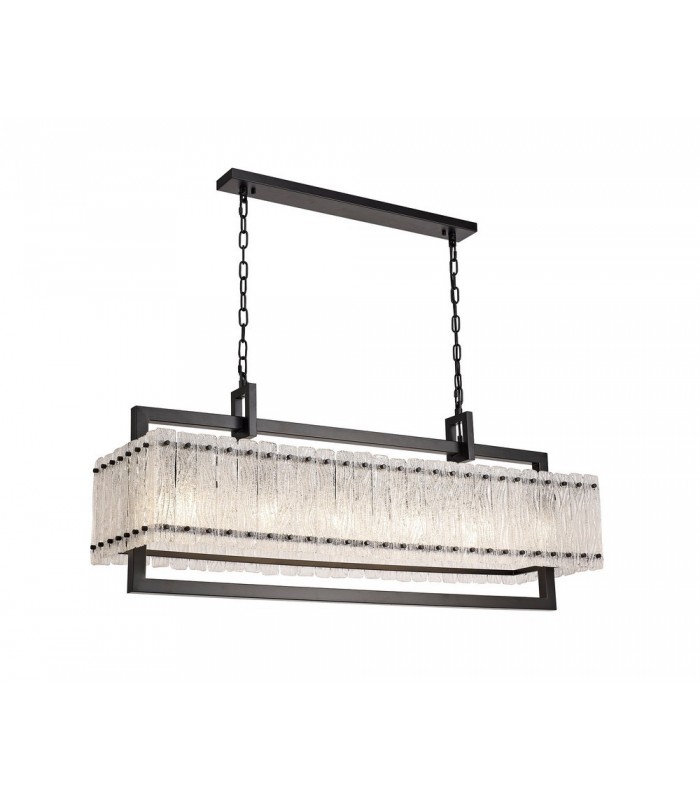Large Rectangular Ceiling Pendant, 12 Light E27, Matt Black, Crystal Sand Glass - 3