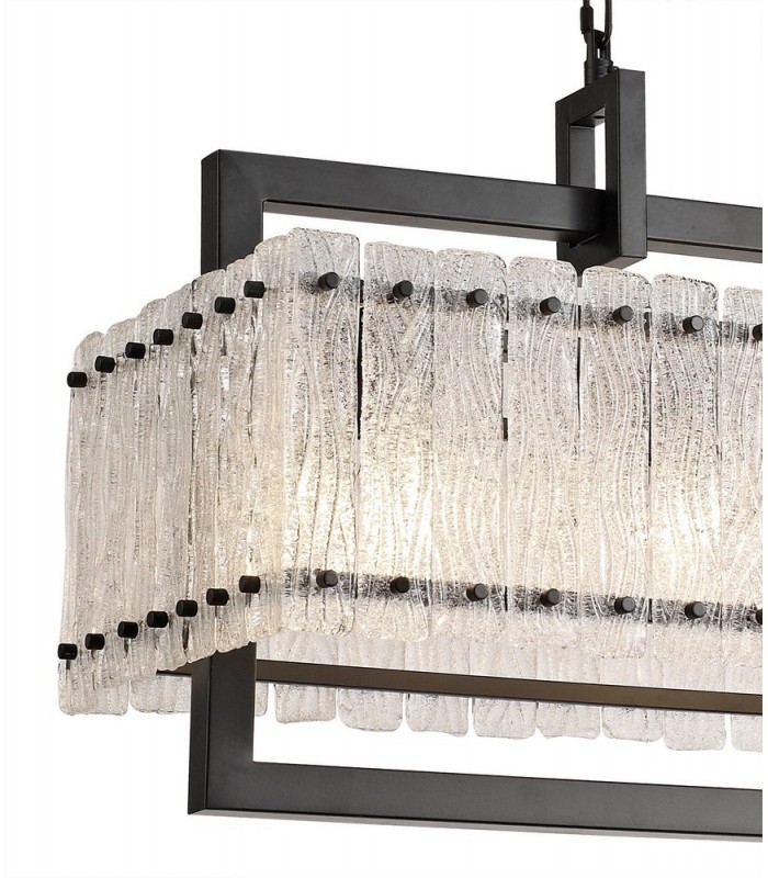 Large Rectangular Ceiling Pendant, 12 Light E27, Matt Black, Crystal Sand Glass - 8
