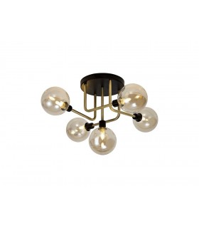Flush Semi Flush Ceiling, 5 Light G9, Matt Black, Antique Brass, Cognac Glass - 1
