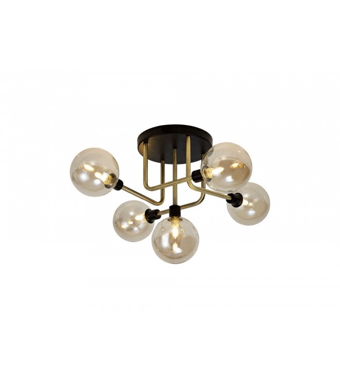 Flush Semi Flush Ceiling, 5 Light G9, Matt Black, Antique Brass, Cognac Glass - 1