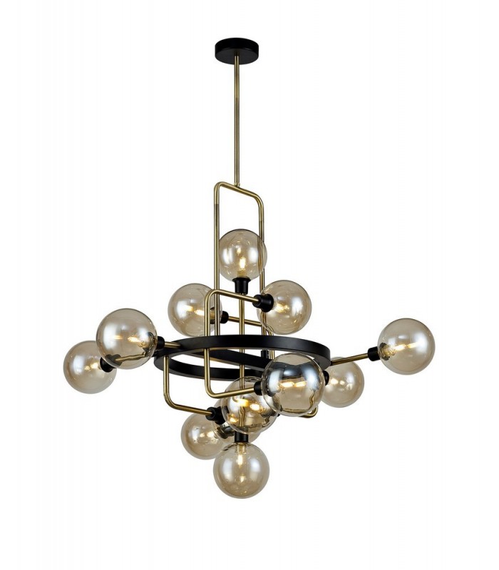 Fixed Ceiling Pendant, 12 Light G9, Matt Black, Antique Brass, Cognac Glass - 1