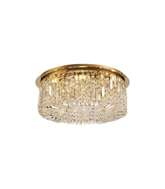 65cm Round Flush Chandelier, 8 Light E14, Gold, Crystal - 1