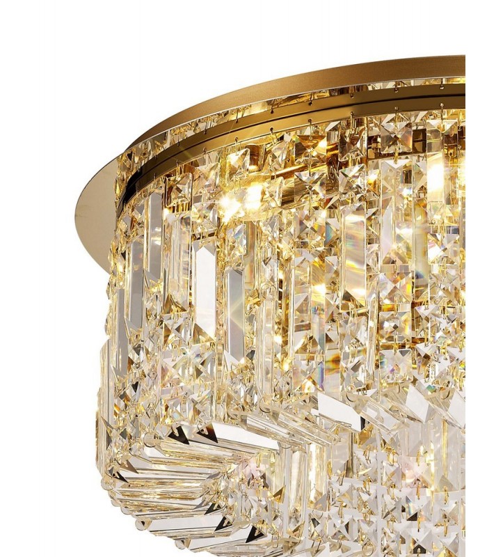65cm Round Flush Chandelier, 8 Light E14, Gold, Crystal - 6