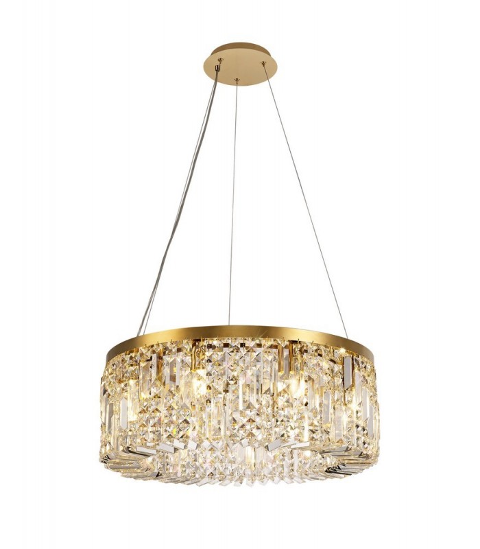 Cylindrical 60cm Ceiling Pendant Chandelier, 8 Light E14, Gold, Crystal - 1