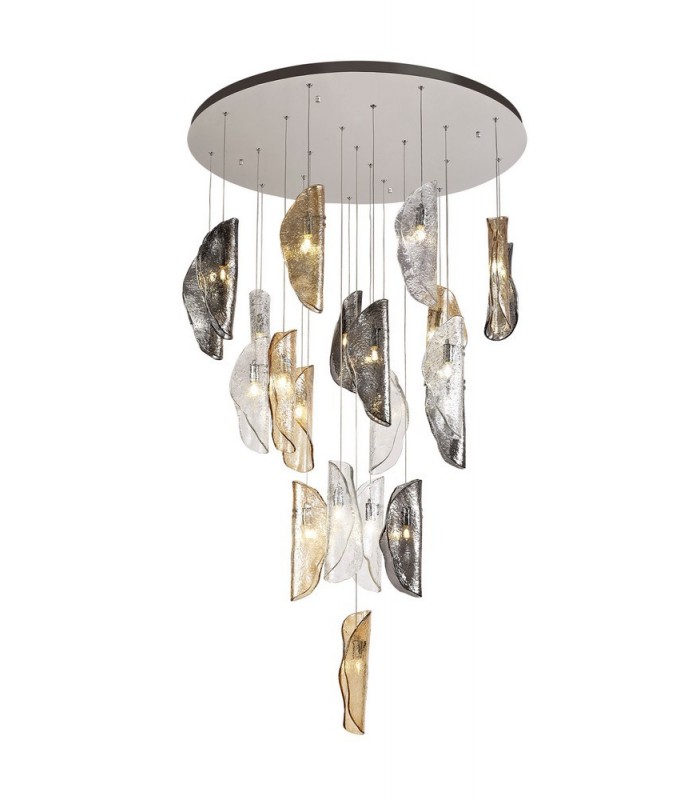 Ceiling Cluster Pendant 5M, 21 x G9, Polished Chrome, Clear & Amber & Smoked Glass - 1