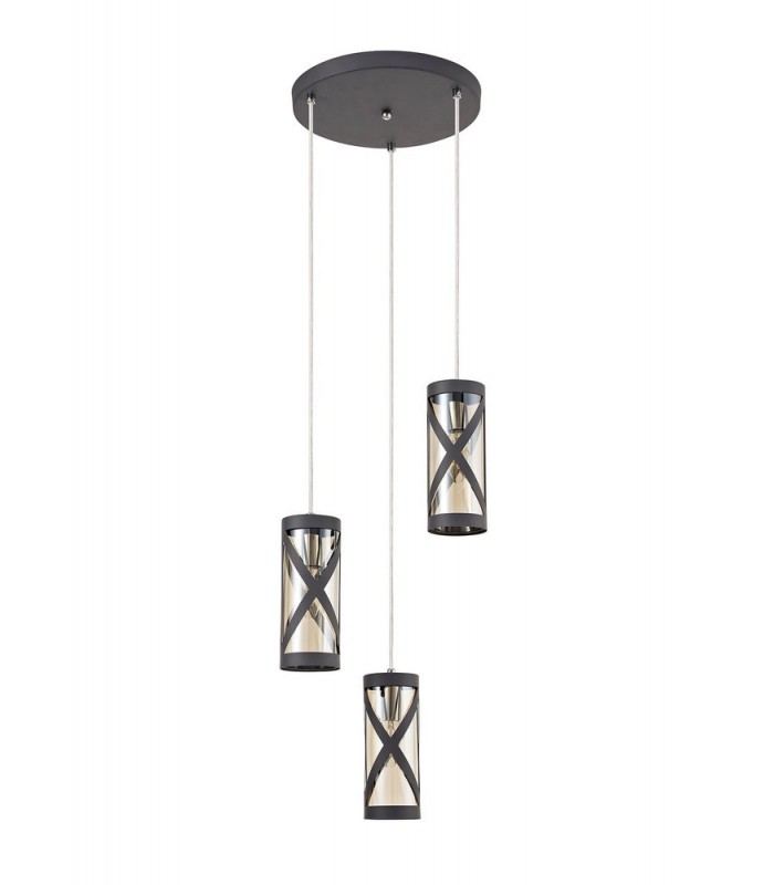 3 Light Round Ceiling Cluster Pendant E14, Matt Grey, Polished Chrome, Cognac - 3