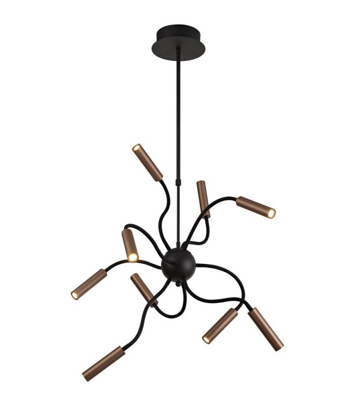 Sputnik Ceiling Pendant, 9 Light Adjustable Arms, 9 x 4W LED Dimmable, 3000K, 2250lm, Black, Satin Copper - 1