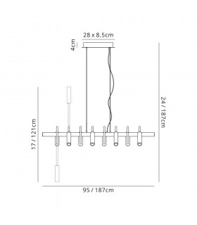 Linear Ceiling Pendant, 8 Light Adjustable Arms, 8 x 4W LED Dimmable, 3000K, 2000lm, Black, Satin Copper - 2